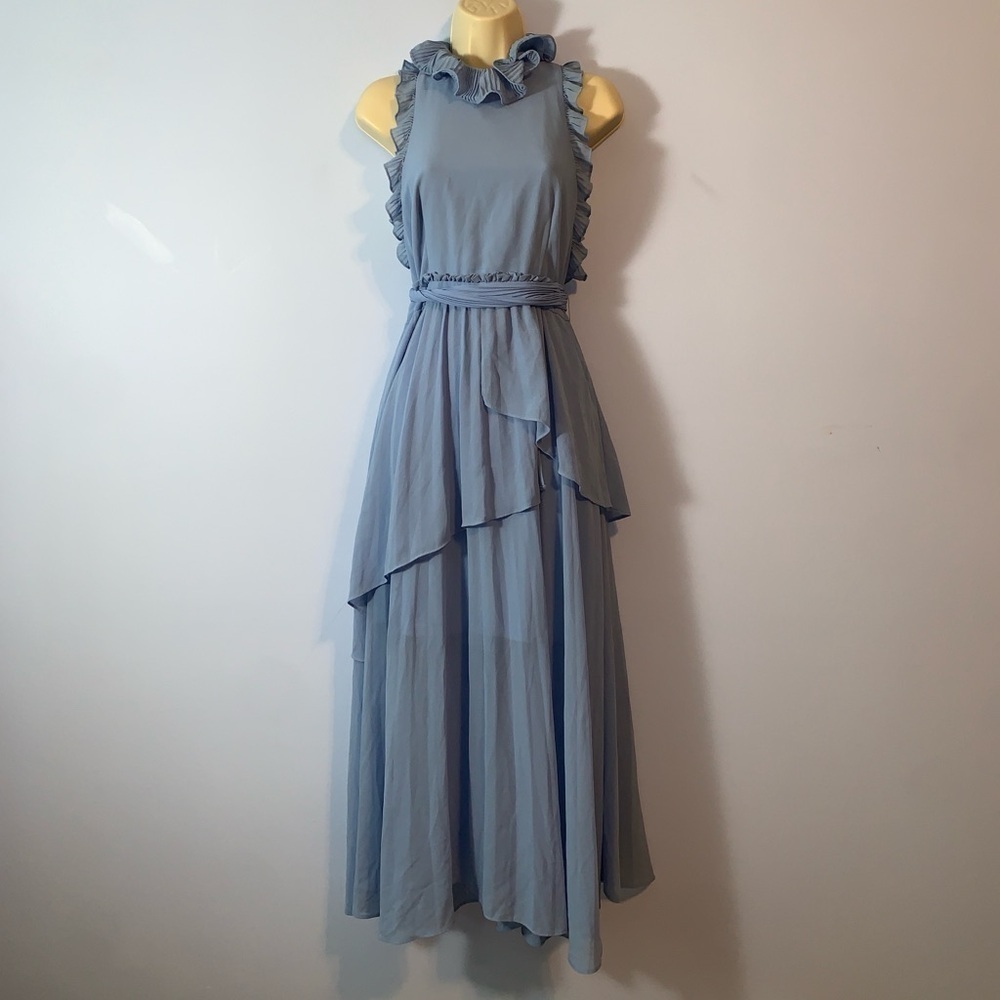 La maison talulah Jodi high neck ruffle pleated tiered midi dress periwinkle M